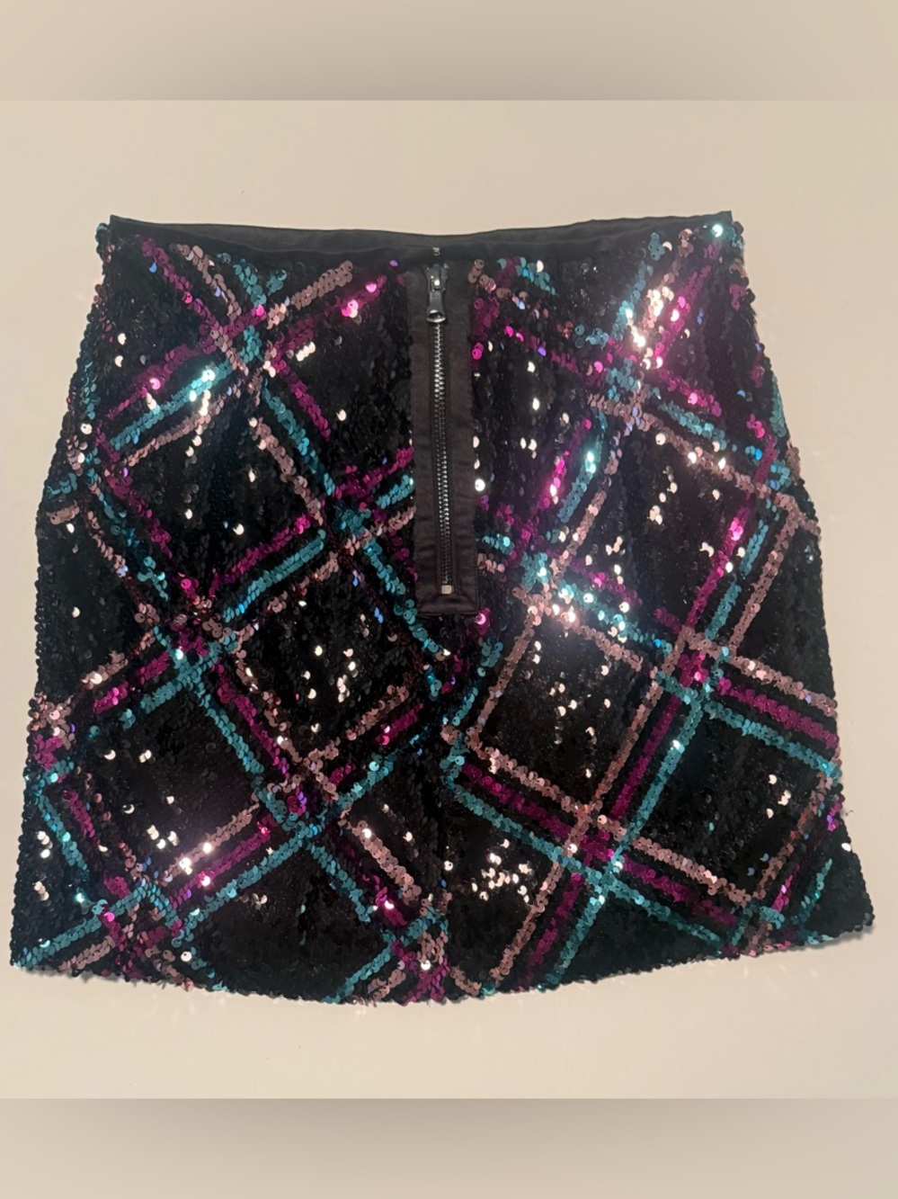 Sequin Diamond-Pattern Black Mini Skirt in Pink and Teal Accents - Picture 4 of 4